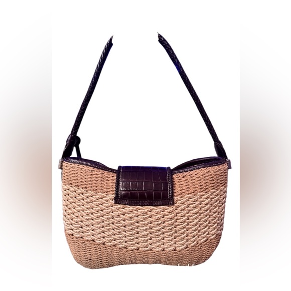 Brighton Coated Straw and Croc Embossed Leather Shoulder Bag. LIKE NEW - Picture 2 of 7